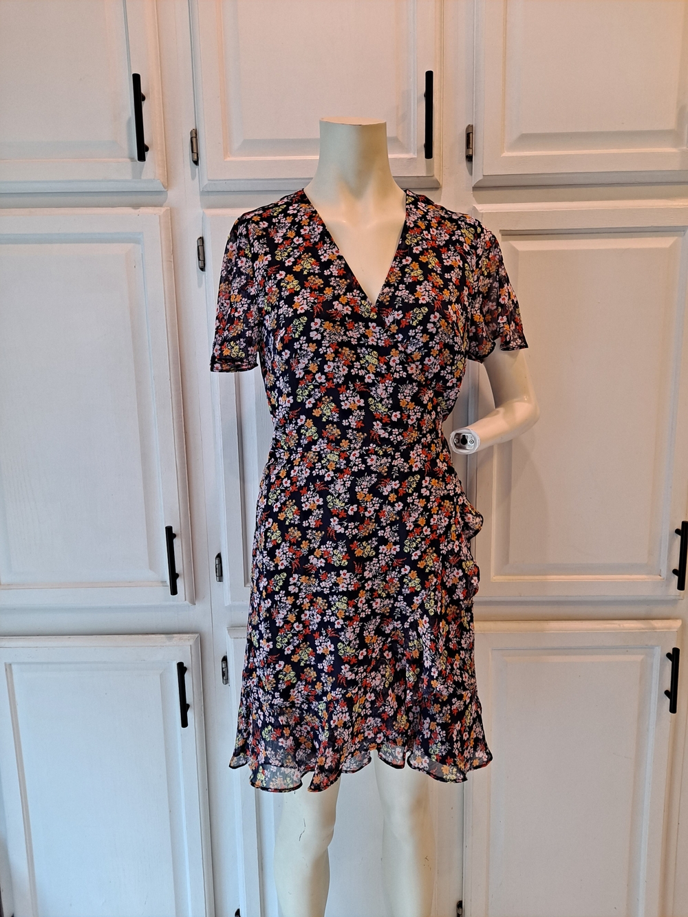 Banana Republic Navy Micro Multicolor Floral Ruffle Wrap Mini Dress Flutter